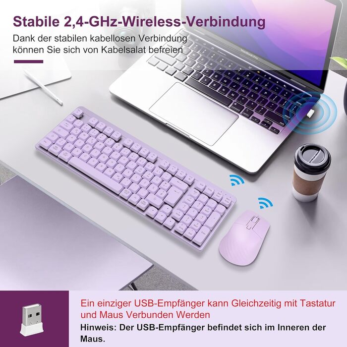 Механічна клавіатура та миша Leadsail FA98 бездротове комплект QWERTZ, 98 клавіш, клавіші Red, 1600 DPI, для Windows/MacOS/PC/Laptop (Лавандовий)