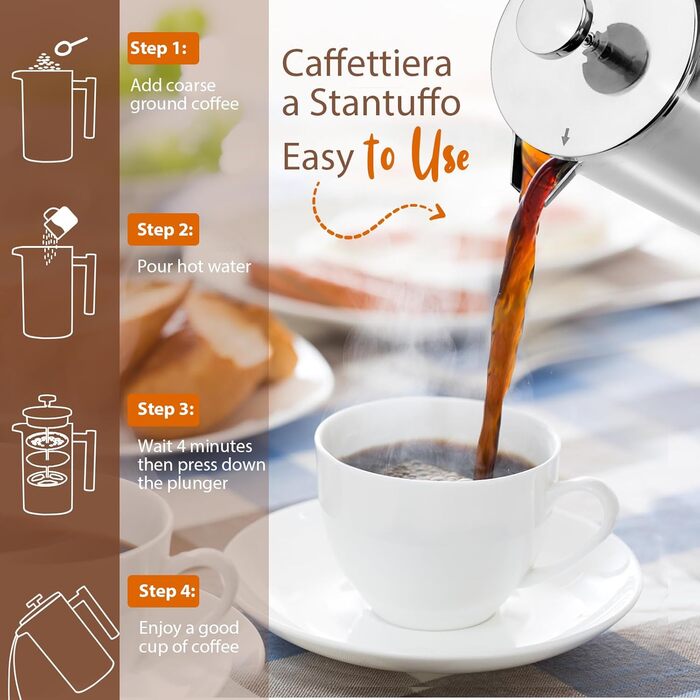Френч-прес Cafeti, 8 чашок, нержавіюча сталь, подвійні стінки, термоізоляція, портативний, для дому, офісу, кемпінгу, 1000 мл