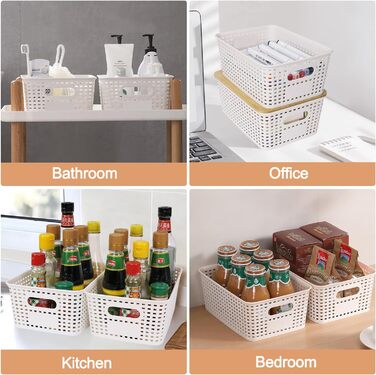 UHAPEER Storage Box with Bamboo Lid, 6 Piece Storage Basket, Plastic Basket Storage, Kitchen Organizer White, Stackable Storage Boxes, Box with Lid 25.6 x 18 x 10.7 cm
