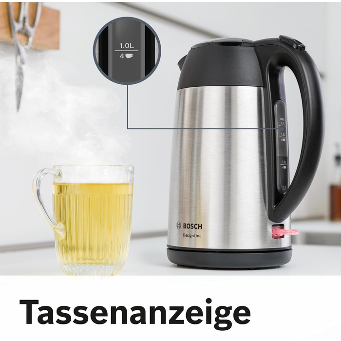 Електричний чайник Bosch DesignLine TWK3P424, 1.7 л, червоний, з нержавіючої сталі, бездротовий, з індикатором рівня води та захистом від перегріву