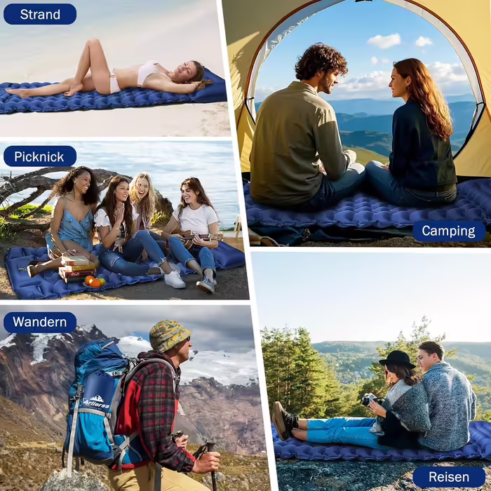 Isomatte Self-Inflating, Ultralight Inflatable Air Mattress, Camping Mattress with Foot Press Pump, Anti-Ripstop Portable Sleeping Pad Outdoor with Pillow for Hiking, Beach, Travel - Army Green (Single, Classic Blue)
