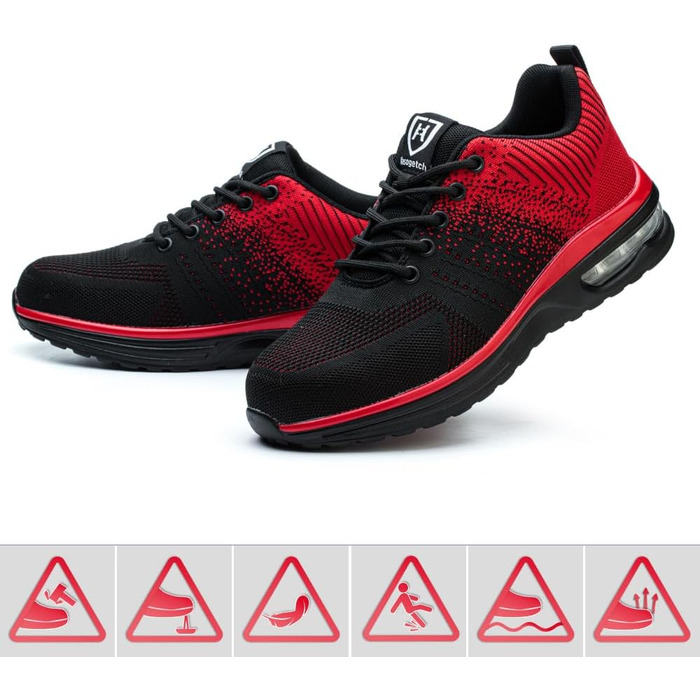 Легкі робочі черевики для чоловіків та жінок. Безпечні, антиковзкі, спортивного стилю, зі сталевим підноском. Дихаючі робочі черевики (40 EU, Червоний)
