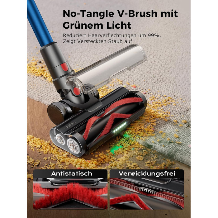 Бездротовий пилосос Proscenic P16 з акумулятором, 55 кПа, 550 Вт, 65 хв, гнучкий гофрований з'єднувач, GreenEye, щітка Anti-Tangle, для килимів, твердих поверхонь, шерсті домашніх тварин, автосалонів, блакитний