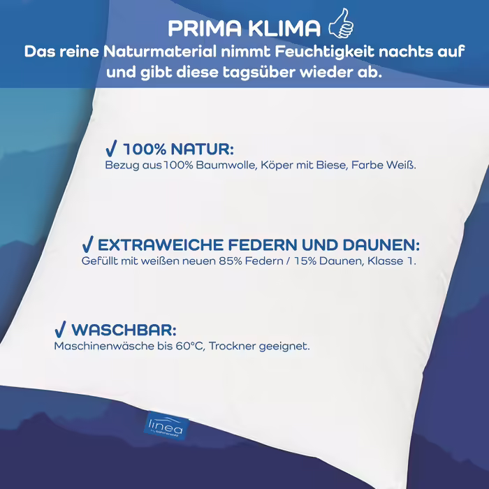 Подушка LINEA by böhmerwald, 40x80 см, 85% пухові пера, 15% новий пух, гіпоалергенна, для алергіків, вироблено в Німеччині, преміум якість, придатна для прання до 60°C