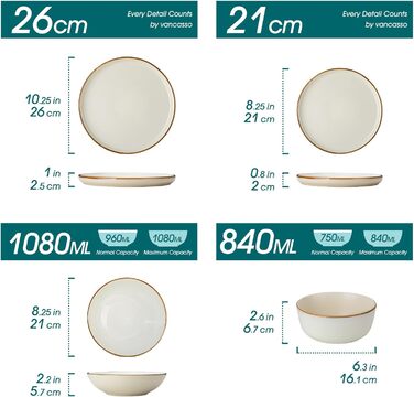 Набір посуду на 6 осіб Vancasso RENO 24 шт. з каменю, сучасний сервіз: тарілки для їжі, супу, десерту, миски. Підходить для миття в посудомийній машині та для використання в мікрохвильовій печі (Бежевий)