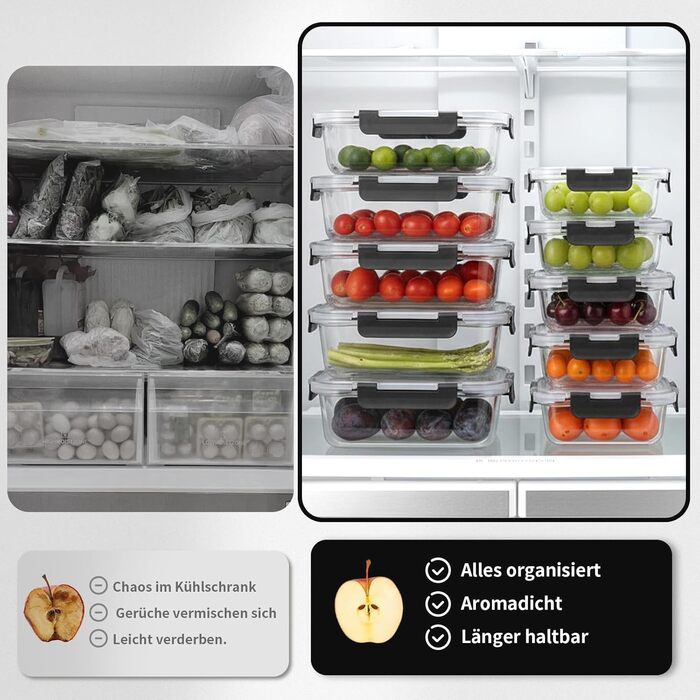 Набір контейнерів для зберігання Glas Frischhaltedosen Set з боросилікатного скла з кришкою, BPA-free, герметичні, для мікрохвильової печі, духовка, посудомийна машина – контейнери для Meal Prep для кухні, офісу (SA1637-black)