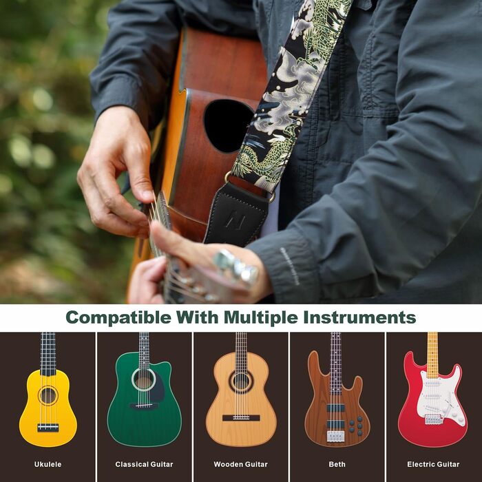 Японський гітарний ремінь Nefelibata з бавовни для акустичної гітари та укулеле, адаптер для голівки грифа, медіатори, регульована довжина 38'-64', візерунок дракона