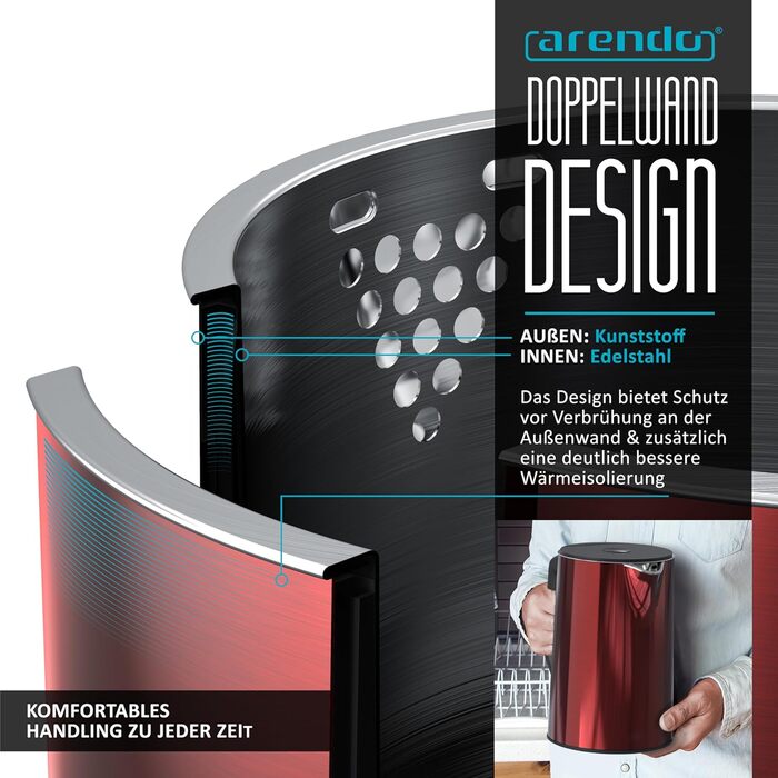 Електричний чайник Arendo з регулюванням температури 40-100°C, 1,5 л, 2200 Вт, модель ELEGANT, червоний