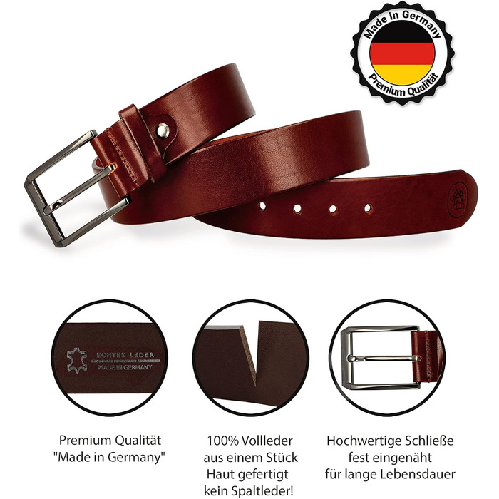 Шкіряний ремінь чоловічий Premium Made in Germany, натуральна шкіра, 40мм, каштановий коричневий, з подарунковою коробкою