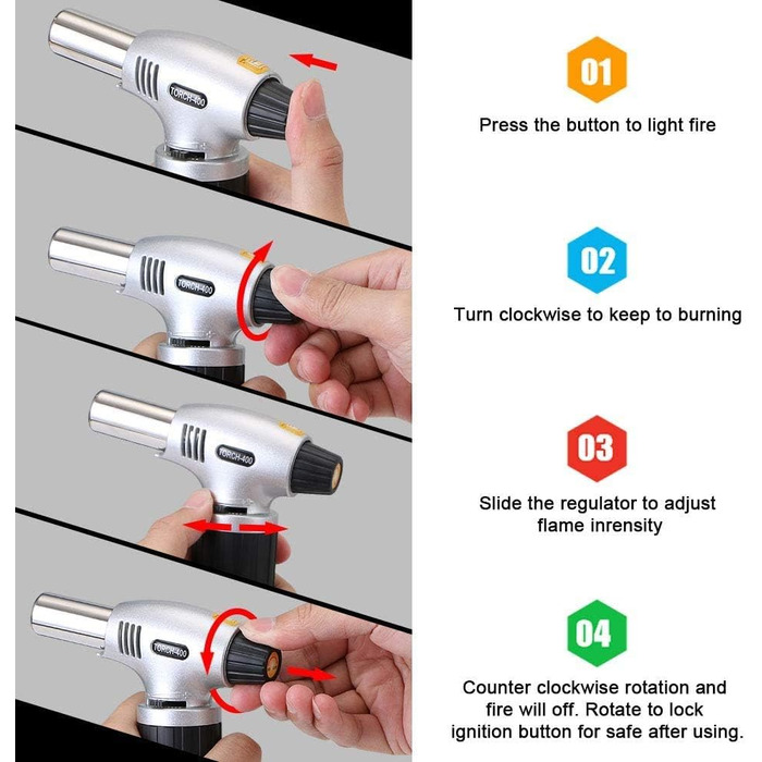 Газовий пальник Flintronic для приготування Creme Brulee, BBQ, кемпінгу, кодування. 3-х дюзовий, з безпечним замком, 2 щітки (Butan не входить)