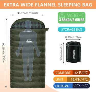 Спальний мішок Poepore Outdoor Winter для дорослих, Extra Wide, 3-4 сезони, XXL, теплий, бавовна, фланель, Deckenschlafsack, для кемпінгу, подорожей, пригод, 230 x 100 см, 0°C (Olive-L-Zip, -6°C)