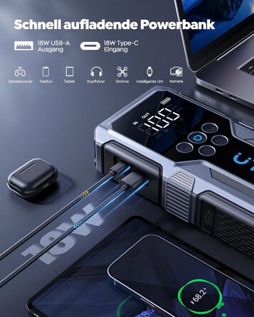 Powerbank Starthilfe UTRAI для автомобіля: 4500A, компресор 150PSI, швидка зарядка 18W, ліхтар, запуск двигуна до 8.5L бензину/6.5L дизеля