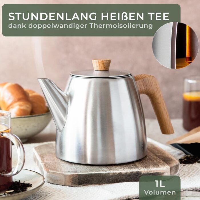 WALDWERK Teapot with Infuser - Teapot Thermal Double-Walled - Teapot with Strainer made of 304 Stainless Steel - Tea Maker with Genuine Oak Wood Handles - Tea Pot 100% Drip-Free