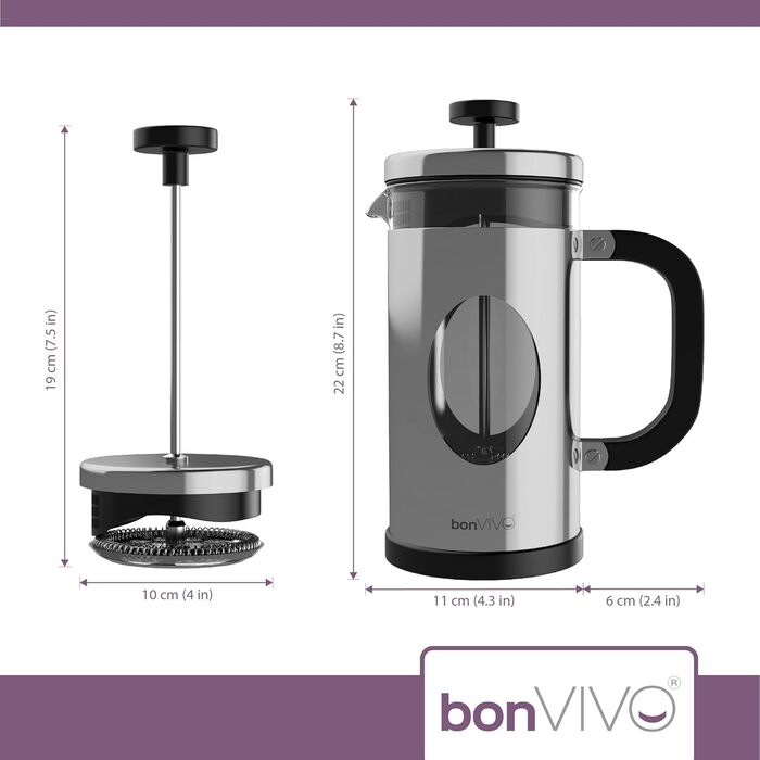 bonVIVO GAZETARO French Press - кавоварка френч-прес з нержавіючої сталі, скляна колба, 8 чашок (срібло)