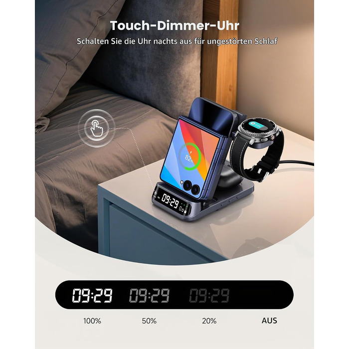 Бездротова зарядна станція 3-в-1 SwanScout 708F для Samsung Galaxy Z Flip 7/6/5/4/3, Galaxy Watch 8/7/6/5/4 та Galaxy Buds 3/2 Pro, індукційний зарядний пристрій (без адаптера)