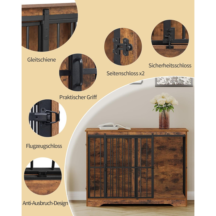 Клітка для собак Hzuaneri, 110 см, 2 двері, сучасний дизайн, для собак малих, середніх та великих порід (до 100 кг), з функцією приліжкового столика, посилена ковзна дверцята, 65 × 110 × 81 см, колір Vintage Brown, DFC84401B