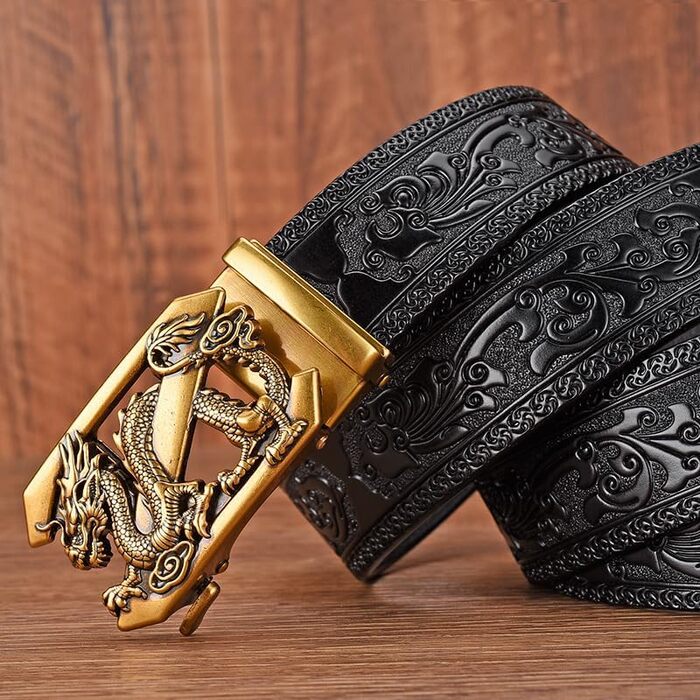 Чоловічий шкіряний ремінь з гравіюванням, вінтажний, з логотипом дракона, автоматична застібка, чорний, 122.5 см