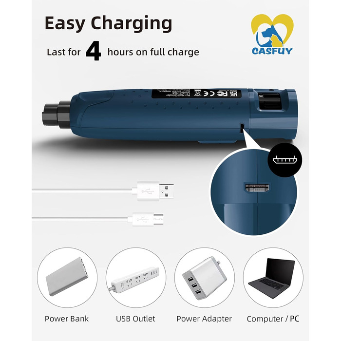 Електричний точилка для кігтів собак Casfuy - 6 режимів, 45 дБ, з LED-підсвіткою, для великих, середніх та малих порід, з захистом від пилу (білий/блакитний)