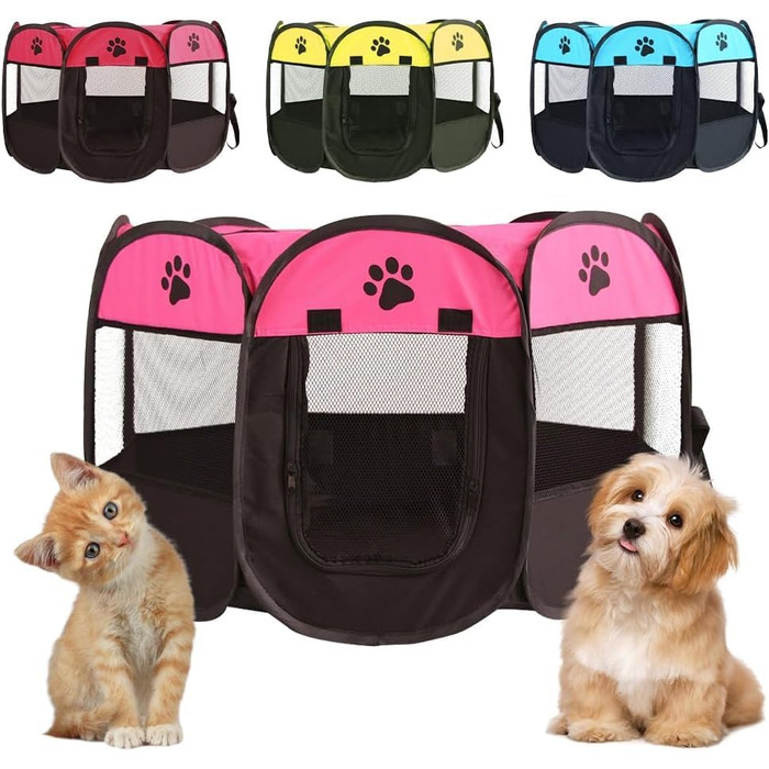 Розкладний вольєр для цуценят та котів, вольєр для тварин, 74x74x43 см, для собак, котів, кроликів, дрібних тварин (рожевий + чорний)