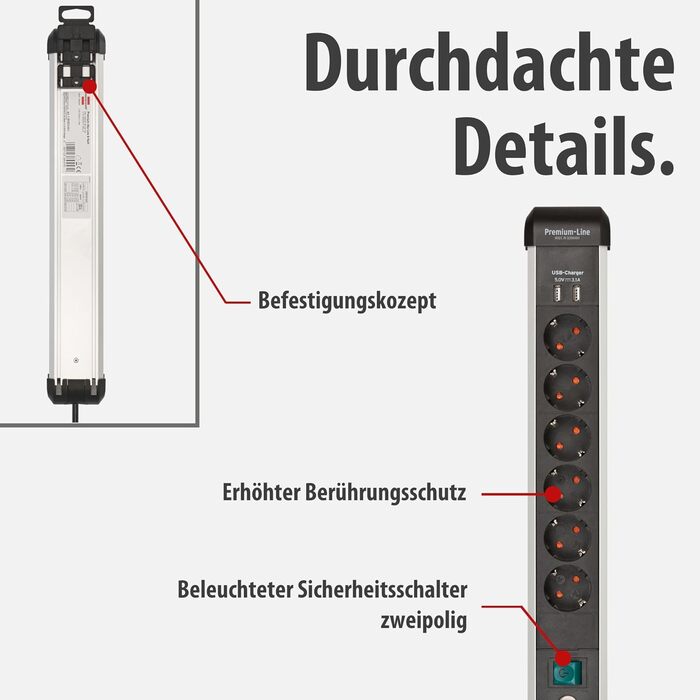 Мережевий фільтр Brennenstuhl Premium-Alu-Line на 6 розеток з USB (USB-C PD 30W та USB-A 18W), 3м, алюмінієвий корпус, з вимикачем, Made in Germany