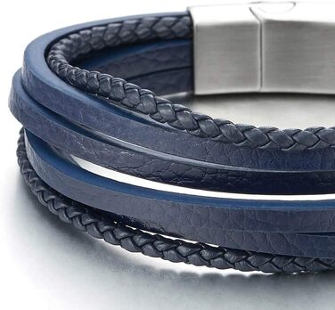 Чоловічий/Жіночий плетений браслет COOLSTEELANDBEYOND з натуральної шкіри Navy Blue, з нержавіючої сталі та магнітною застібкою