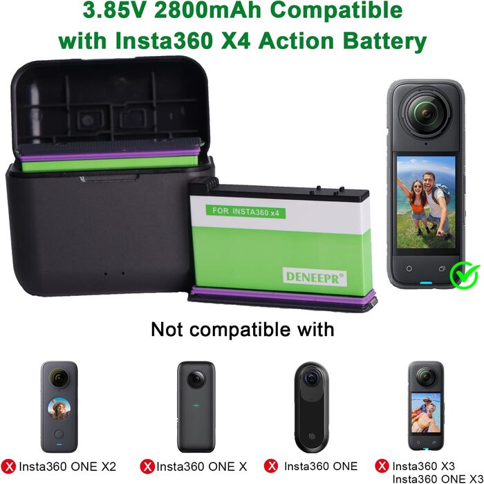 2 x 2800mAh акумулятори Insta360 X4 з зарядним пристроєм USB-C, Li-Ion акумулятори для Insta360 X4, з мікро SD картами