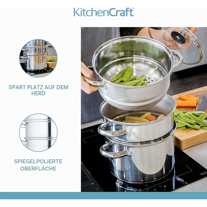 Набір каструль KitchenCraft з пароваркою, 3 предмети, нержавіюча сталь, для індукційних плит, 22 см, сріблястий