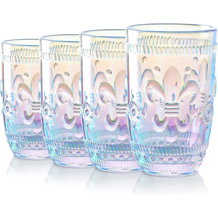 Joeyan 370ml Rainbow Water Glasses, Set of 4 Gradient Tumbler Glasses, Colorful Embossed Flower Pattern, Shimmering Iridescent Drinking Glasses, Romantic for Everyday Family Meals, Party, Office, Drinks, Cocktails, Juice
