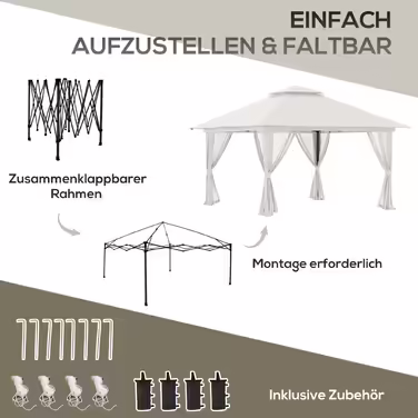 Outsunny Pop-Up Gazebo 4x4 m with 4 Mosquito Nets, Adjustable Height, UV Protection, Double Roof, Carry Bag, Cream White for Garden & Events