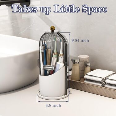 Dustproof Toothbrush Holder with Cover, Rotating Holder for Electric Toothbrush and Toothpaste for Bathroom Countertop, 3 Compartments, Makeup Brush Organizer, Complete (Gray, White)
