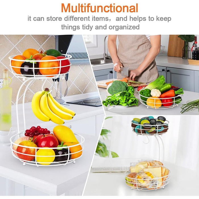 Металева фруктова корзина Bomclap з бананотримачем, 2 яруси - Фруктова та овочева корзина для кухні, біла