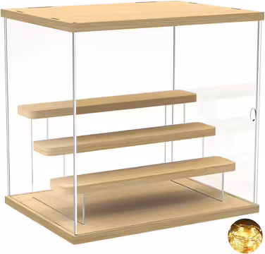 Joody Vitrine made of acrylic, Plexiglas boxes with 2 tiers, display case with door for Pop figures, minifigures, collectible toys, storage organizer for display case, dustproof with 2 shelves (Extended) – Original wood color (4 tiers – Walnut wood)