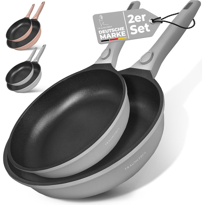 Набір сковорідок TraumLeben Neu 2 шт. 24/28 см з знімними ручками, антипригарне покриття, без PFOA, для індукції, сумісний з духовкою | сковорода, універсальна сковорода (сірий)
