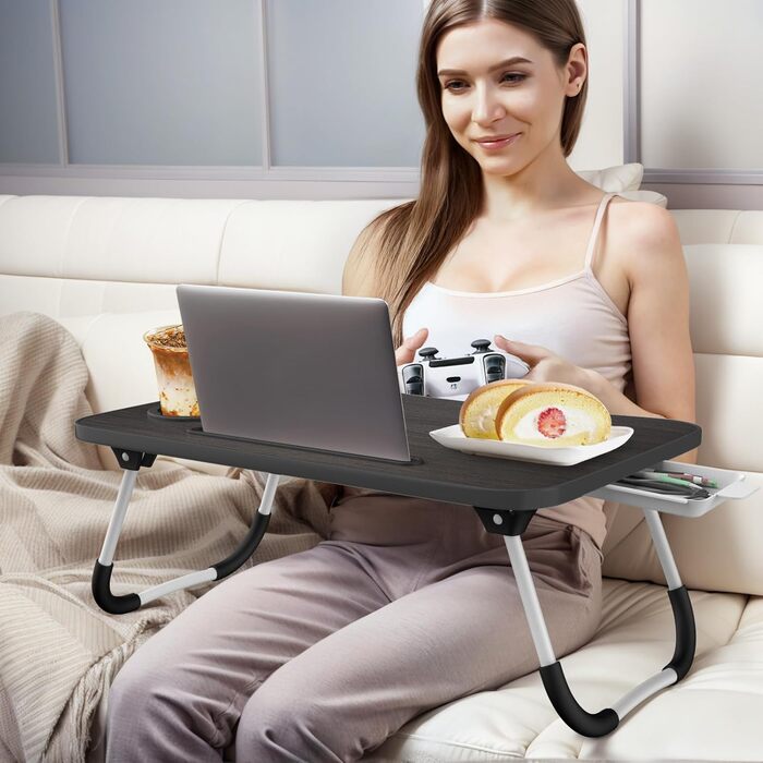 Стіл для ноутбука в ліжко Huracan: регульований, портативний, з підстаканником та ящиком (60x40 см, чорний)