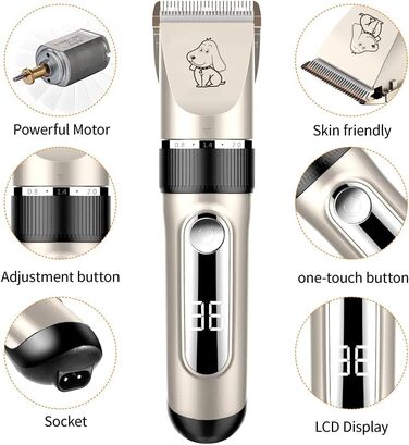 Професійна машинка для стрижки собак IPX7, водонепроникна, з LCD-дисплеєм, золота