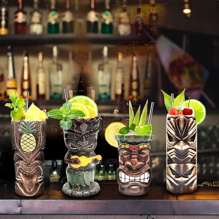 Tiki Toss Set, Hawaiian Party Ceramic Cups, for Cocktails, High-Quality Cup Set with 4 Cups for Exotic Parties - TJB02