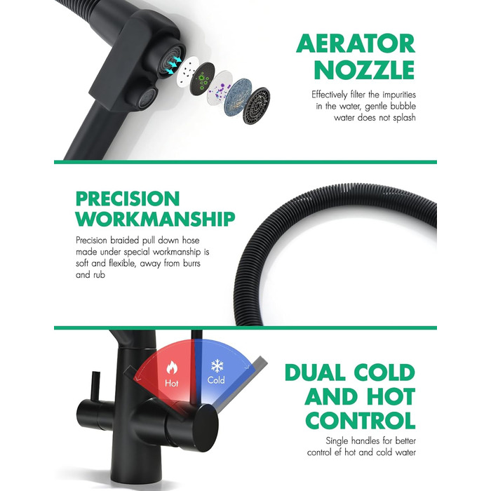 Змішувач кухонний поворотний на 360° з висувним дощувачем, з позолоченим покриттям, для кухні, однорідний, з трьома виходами, чорний