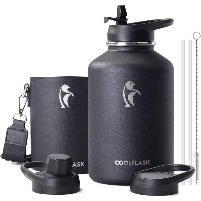 Coolflask 2L Stainless Steel Water Bottle with PU Leather Sleeve, Half Gallon Insulated Water Bottles with Straw Lid, Stainless Steel Metal Large Water Jug, Keeps Cold for 48h Hot for 24h, Polar Black
