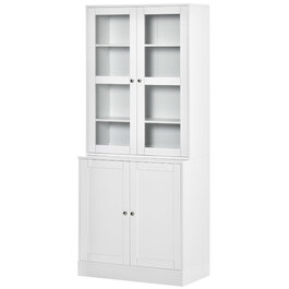 HOMCOM 178.5 cm Tall Bookshelf Display Cabinet with Glass Door, 6 Compartments, Kitchen Cabinet for Living Room, Kitchen - White | Aosom