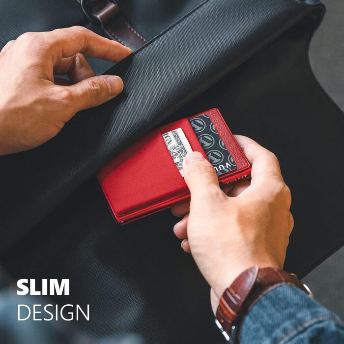 VULKIT RFID портмоне для кредитних карток з EDC-відсіками та вікном для посвідчення, тонкий металевий гаманець з Pop-Up механізмом, червоний