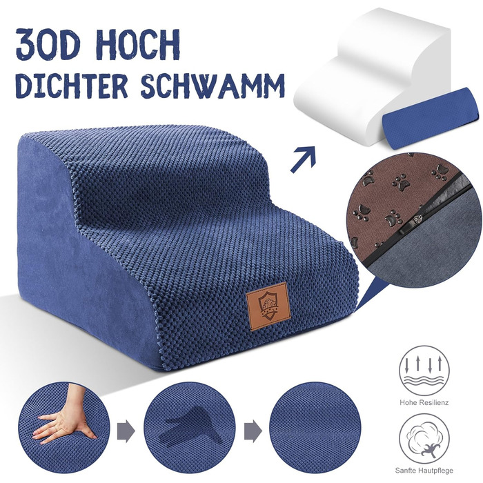 Dog Stairs, Pet Stairs, Foam Dog Stairs, Washable Non-Slip Cat Stairs, Dog Stairs for Small Dogs and Cats, Portable Dog Ramp for Bed, Couch and Car (2-Step Dog Stairs, Blue)