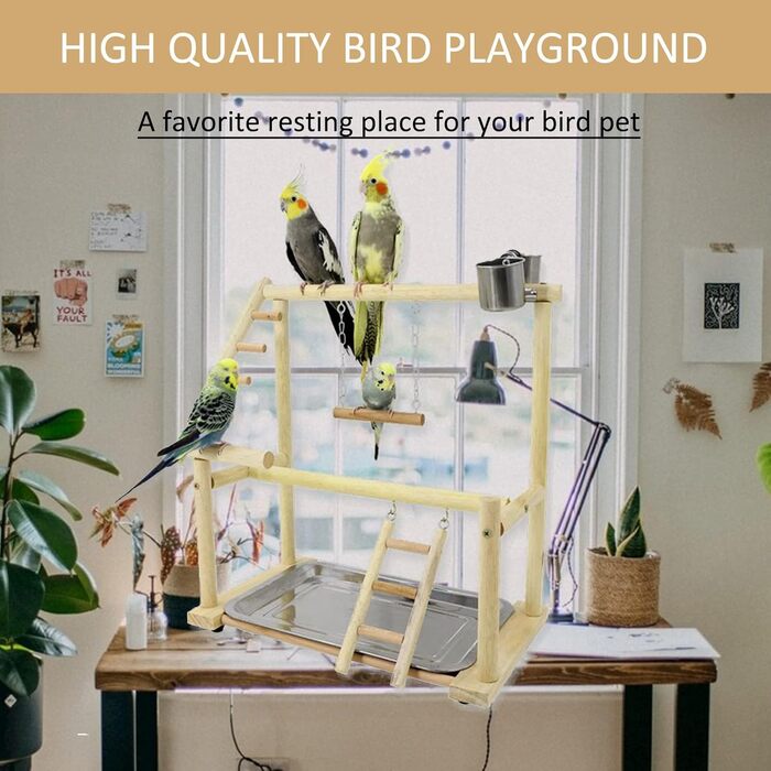 Bird Playground, budgie toys, bird playground stand, bird gym, bird accessories, climbing frame with ladder, running grid with feeder cups, tray, swing for parakeets, wavy parrots, finches, etc. (#7)