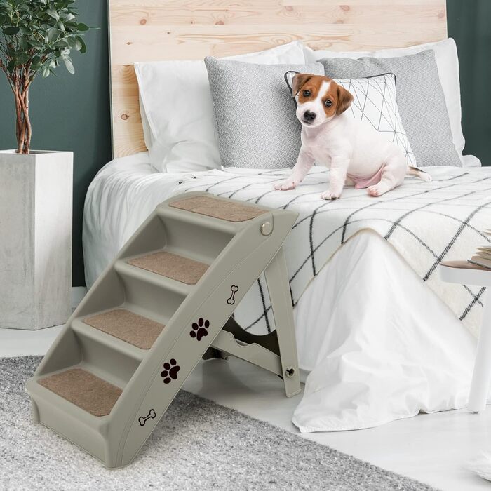 COSTWAY 4-Step Pet Stairs with Carpet, Dog Stairs Plastic Cat Stairs Folding, Portable Dog Ramp Pet Stairs for Dogs and Cats, Pet Ramp for Climbing and Scratching (Gray)
