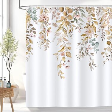 Штора для душу Bonhause Braun Eukalyptus осінній акварельний малюнок, 180x180 см, поліестер, водонепроникна, з 12 гачками