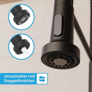 Кухонний змішувач Bächlein Nedo – поворотний на 360°, матовий чорний, з нержавіючої сталі, з гнуким виливом та висувною лійкою, для кухні