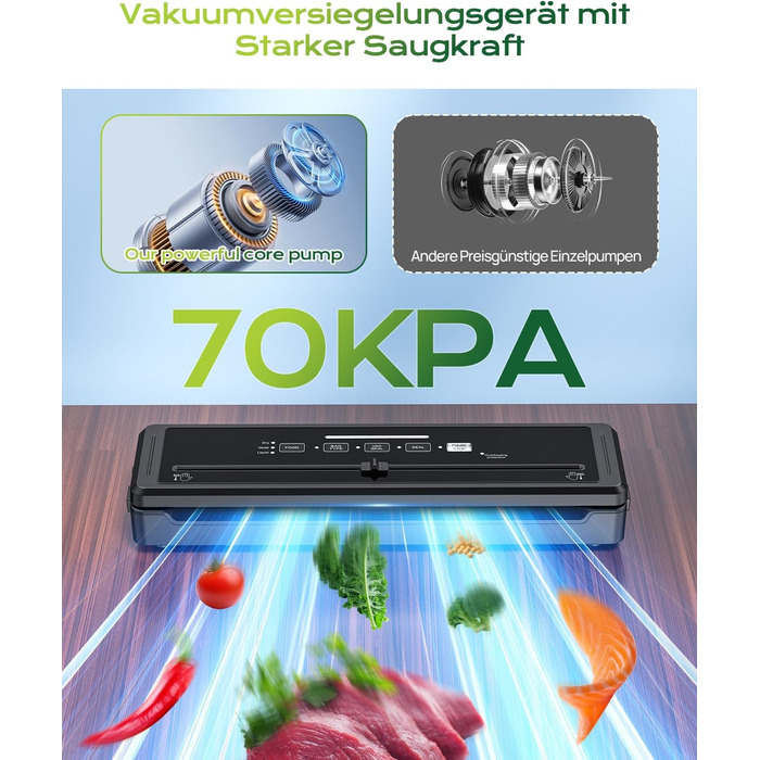 Вакуумний пакувальник 5-в-1 для продуктів харчування: сухий/вологий режим, зберігає свіжість до 7 разів довше, 70 кПа, вбудований різак, шланг, 10 пакетів