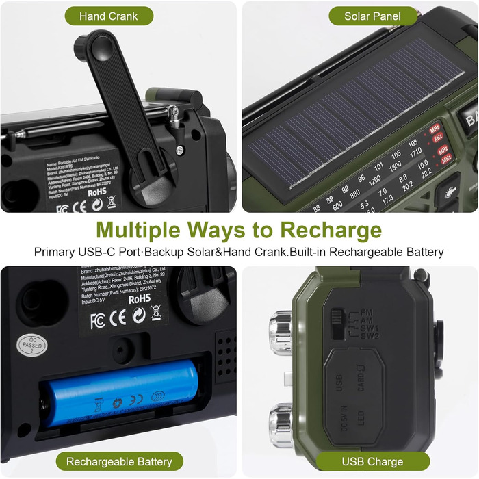 Радіо-крутилка Notfallradio з Powerbank 2600mAh, сонячною та USB-C зарядкою, AM/FM/SW приймач, LED ліхтарик та SOS-сигналом для екстрених наборів (зелене)