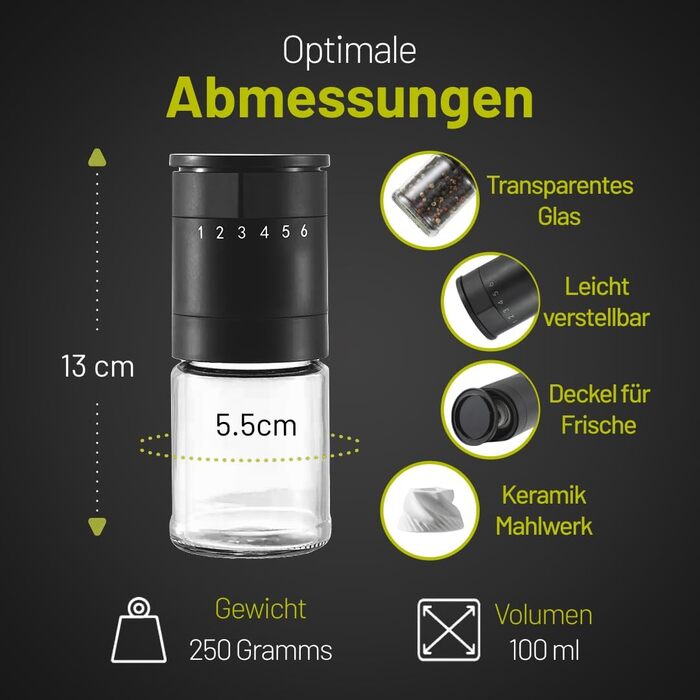 Набір з 2 перцемолок з керамічним механізмом та 6-ступеневим регулюванням – великі соляні та перцеві млини, чорний матовий, ручні, регульовані та з можливістю поповнення. Багатофункціональні