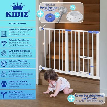 Захисне ворота KIDIZ для дітей з люком для котів, без свердління | Захист від падіння, поворотне, біле | Ширина: 102-115 см, блакитне