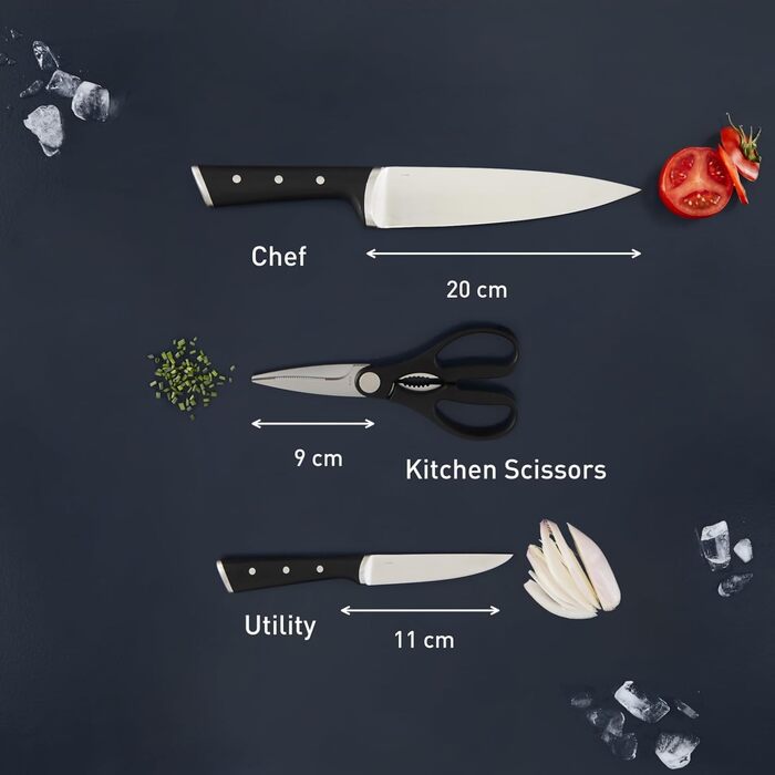 Набір ножів Tefal Ice Force 3 шт: Шеф-ніж 20 см, Сантоку 18 см, Універсальний ніж 11 см, нержавіюча сталь, чорний, K232S3